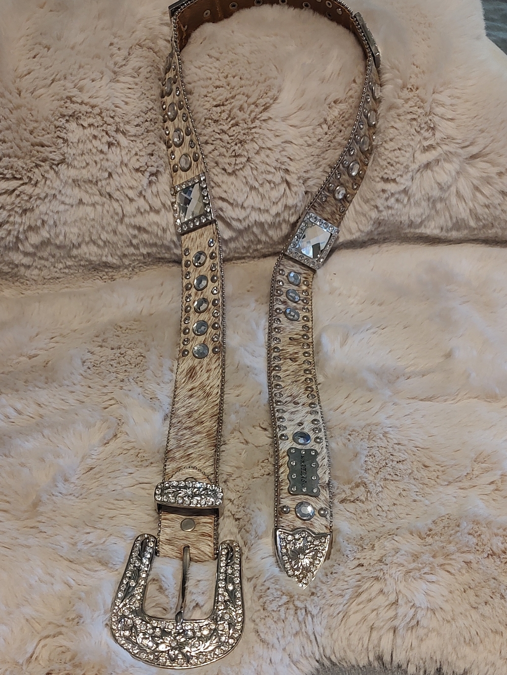 Studded Beige Cowhide Western Belt with Crystal Buckle